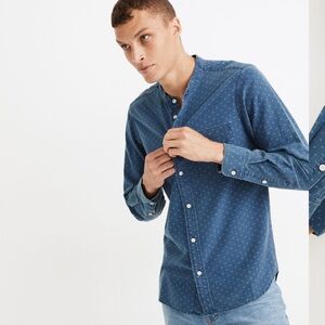 Madewell Men's Denim Banded-Collar Perfect Shirt in Indigo Dot Size XL